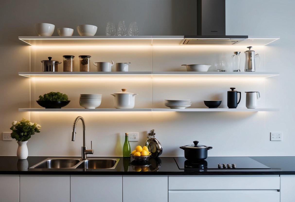 A modern kitchen with sleek, minimalist acrylic floating shelves displaying neatly arranged kitchenware and decorative items