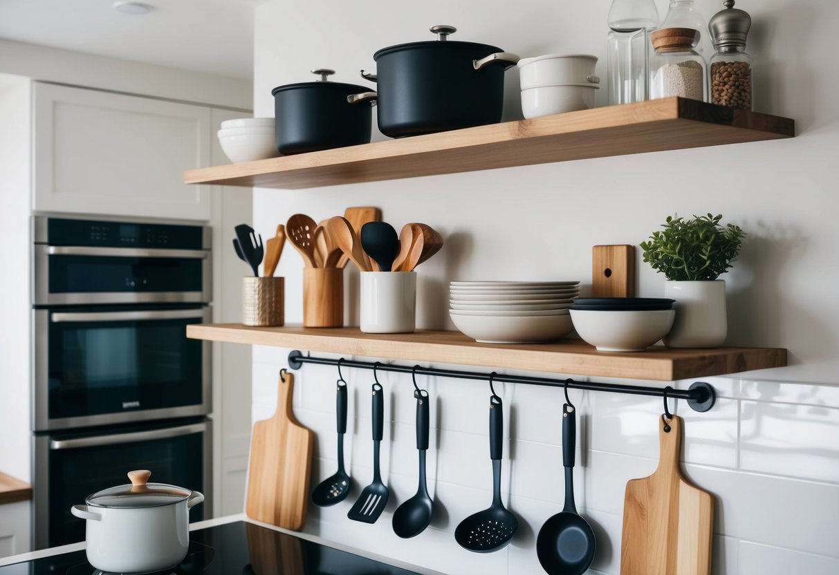 A floating shelf with hooks in a modern kitchen, holding various cooking utensils and decorative items. The open shelving creates a clean and organized look