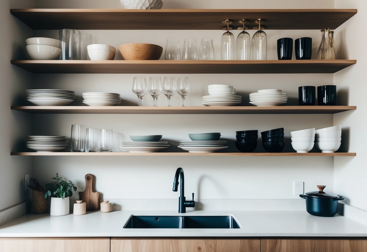 A kitchen with open shelving filled with neatly arranged dishes, glassware, and decorative items. The shelves are made of natural wood, and the overall aesthetic is modern and minimalist