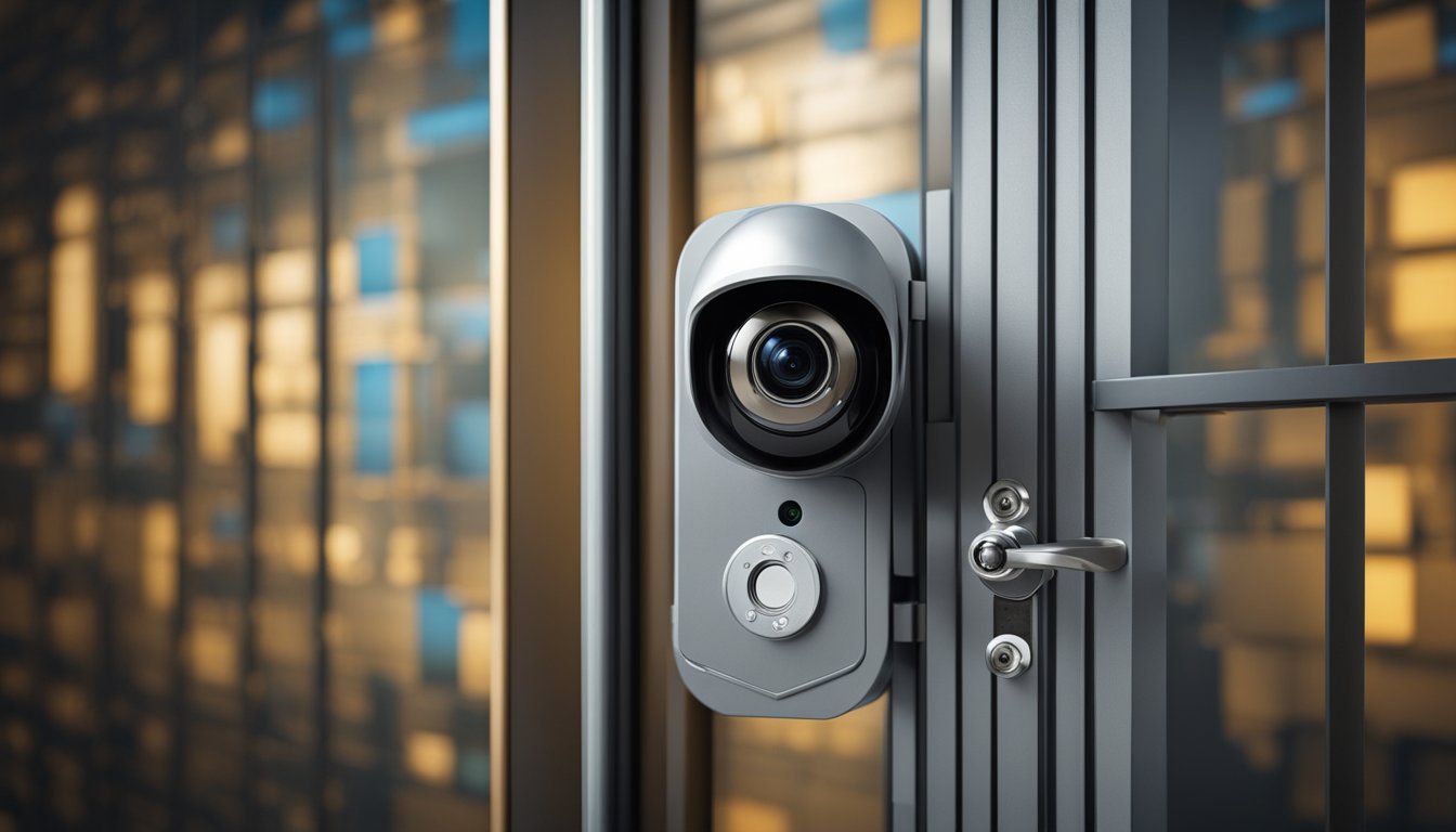 A locked door with a security camera and a network of interconnected devices with firewalls and encryption (IoT Device Security Best Practices)