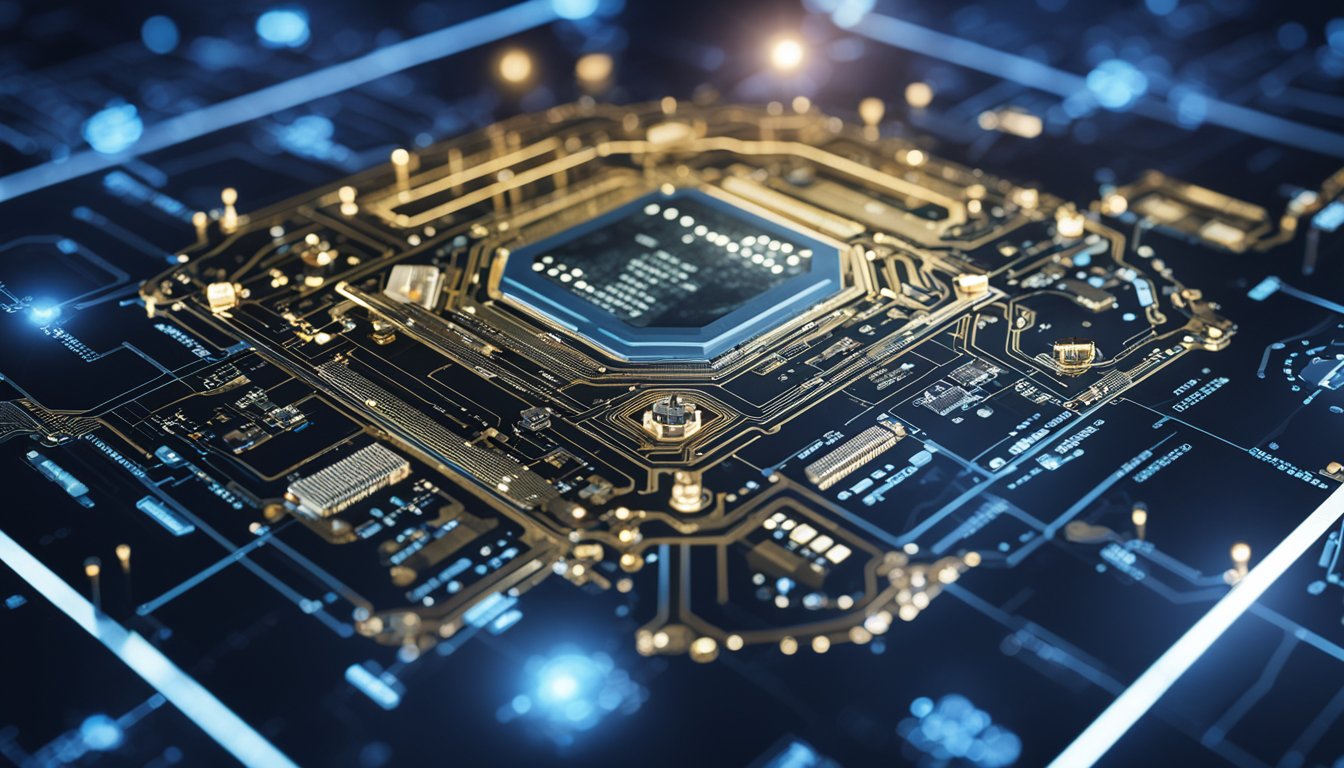 A blueprint of interconnected devices with security measures at each stage of development, from design to deployment