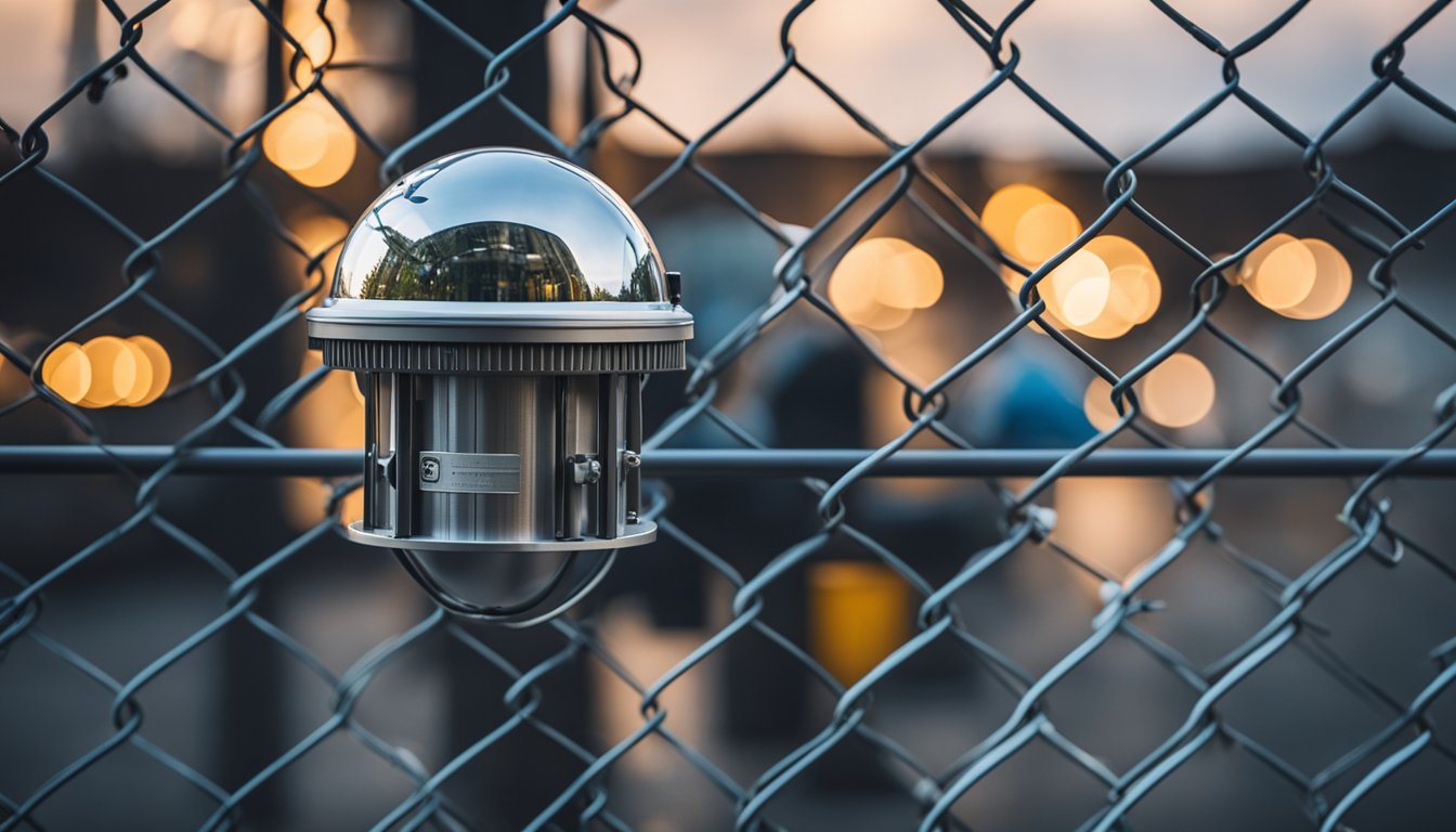 An IoT device secured within a locked metal casing, surrounded by a secure perimeter fence and monitored by surveillance cameras