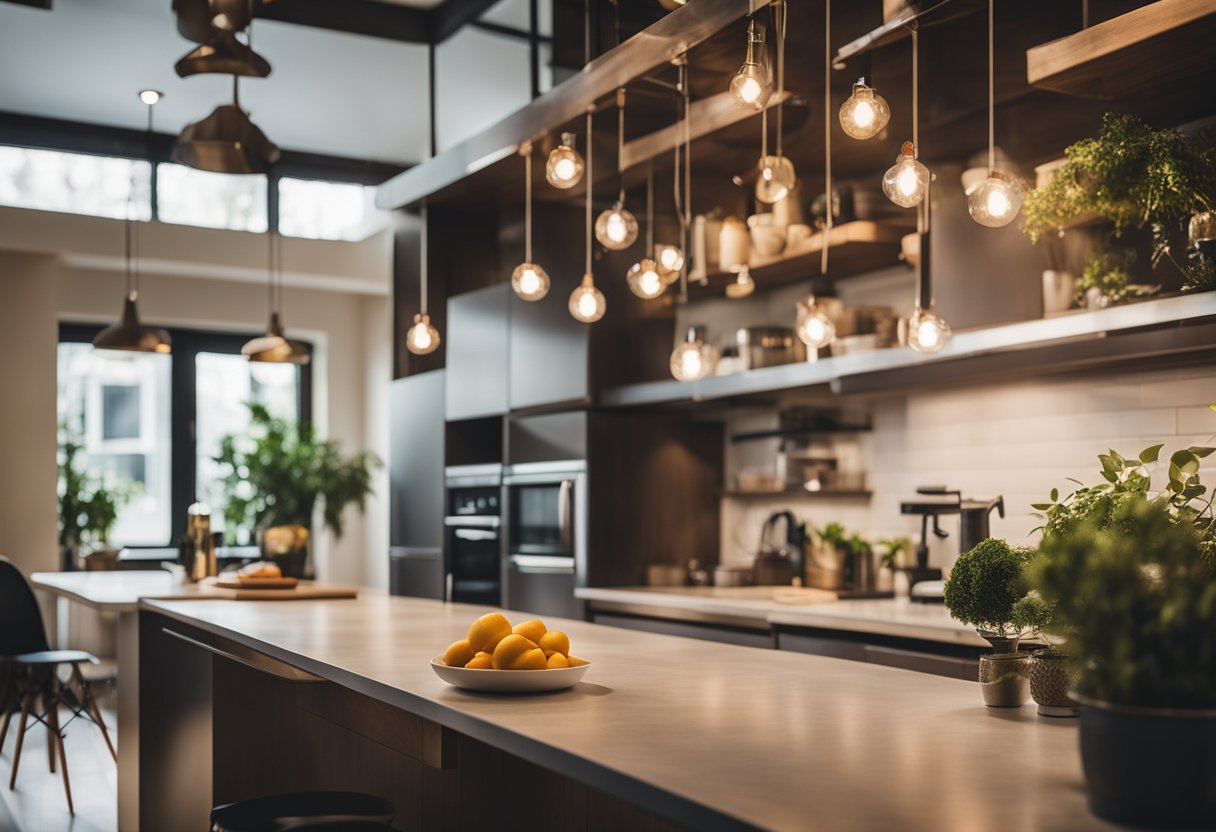 A kitchen with hanging and under-cabinet lights