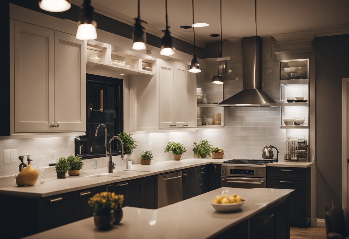 A kitchen with overhead and under-cabinet lights being installed and maintained by a technician