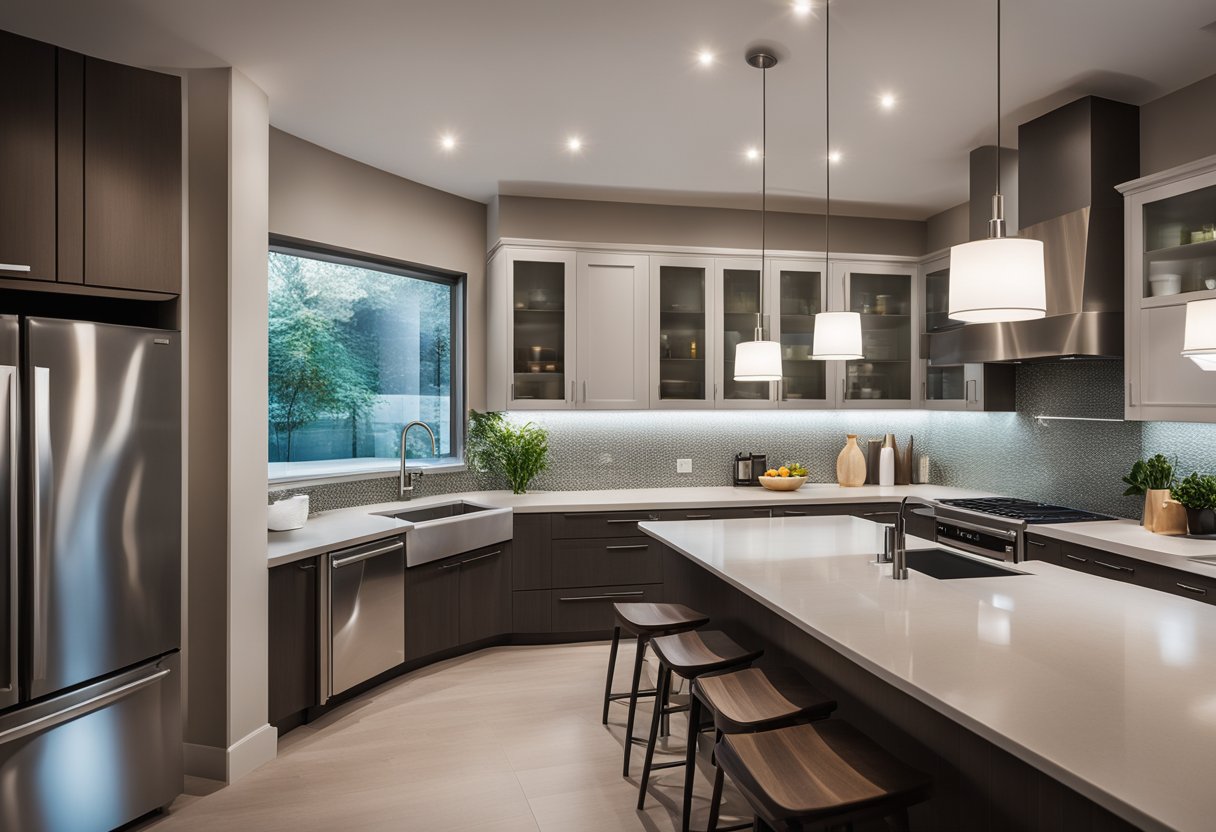 A modern kitchen with sleek pendant lights and under cabinet lighting