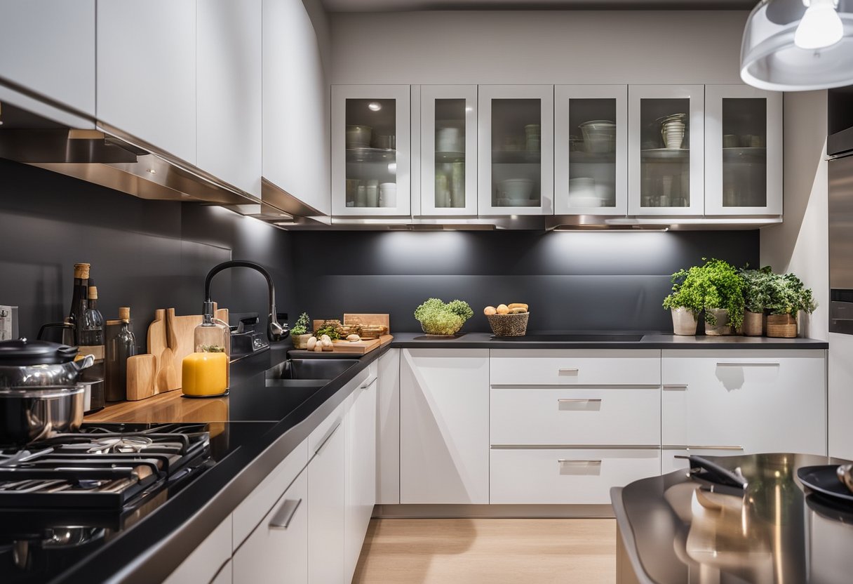 A kitchen with various types of overhead and under-cabinet lights. The scene should show a modern and well-organized kitchen with clear visibility