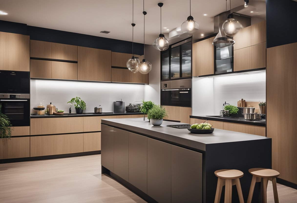 A modern kitchen with hanging and under cabinet lights