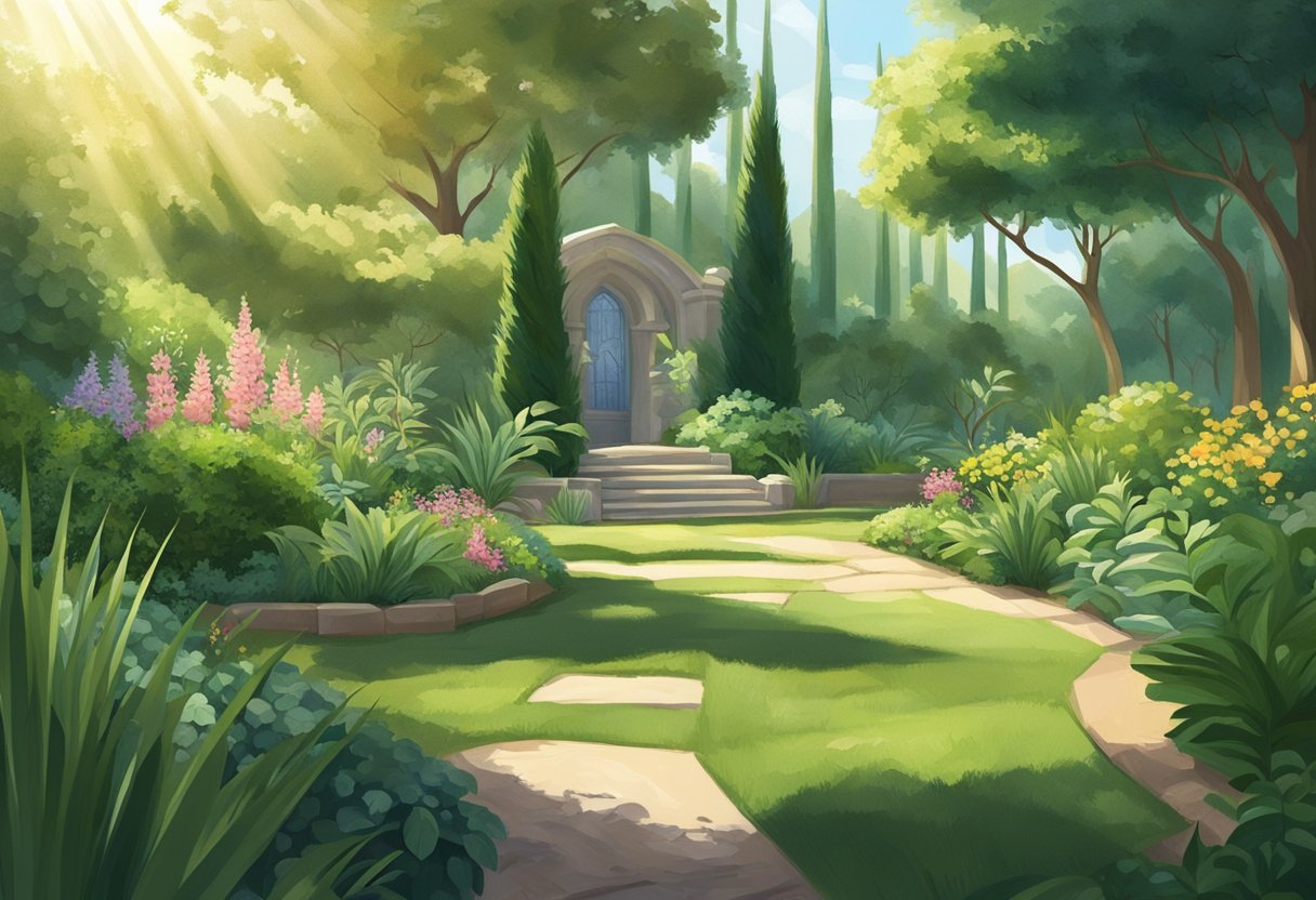 A lush garden with a prominent Sword of St. George plant, surrounded by smaller greenery. Sunlight filters through the leaves, casting dappled shadows on the ground