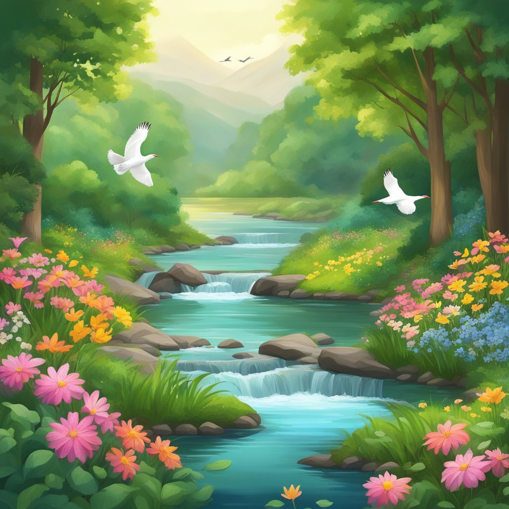 A serene landscape with a calm river flowing through a lush green forest, surrounded by vibrant flowers and birds singing in the trees