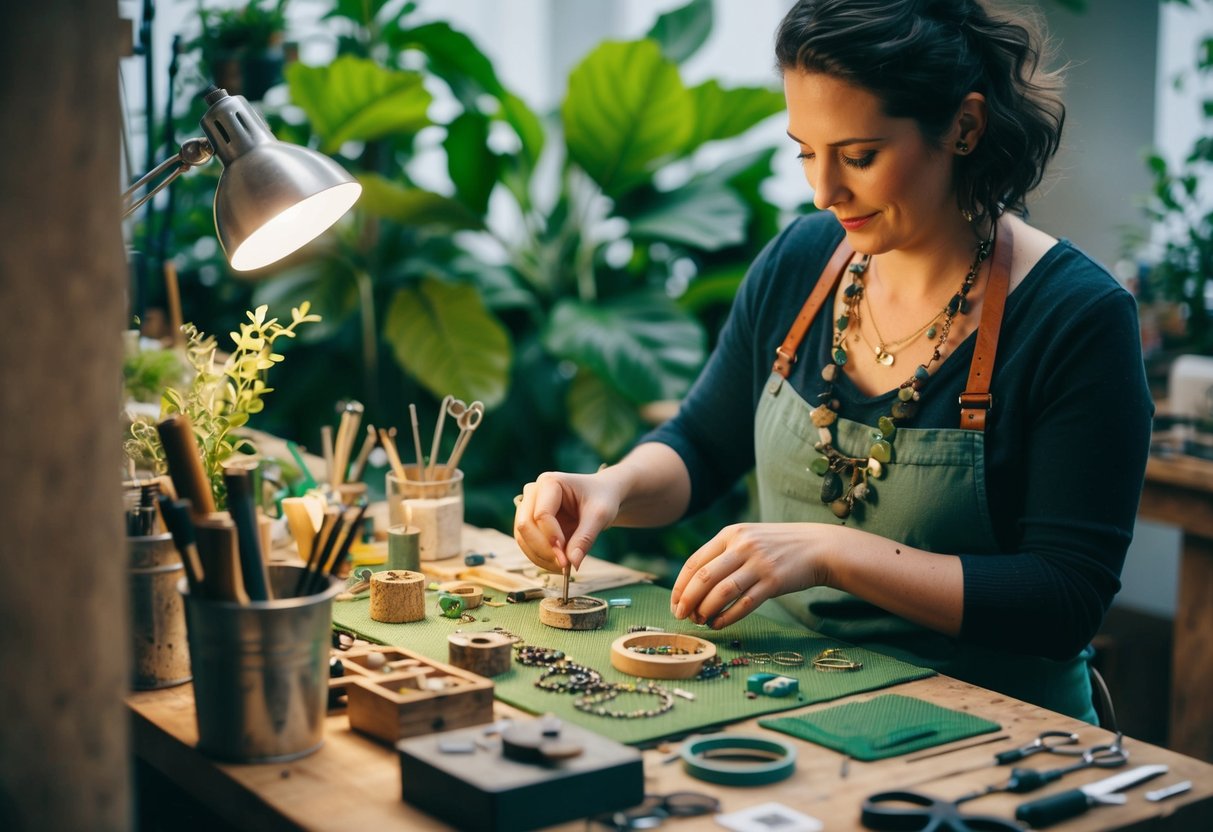 Ein Künstler könnte eine Szene darstellen, in der Upcycling-Schmuck hergestellt wird, wobei verschiedene nachhaltige Materialien und Werkzeuge auf einer Werkbank angeordnet sind, umgeben von Grün und natürlichen Elementen