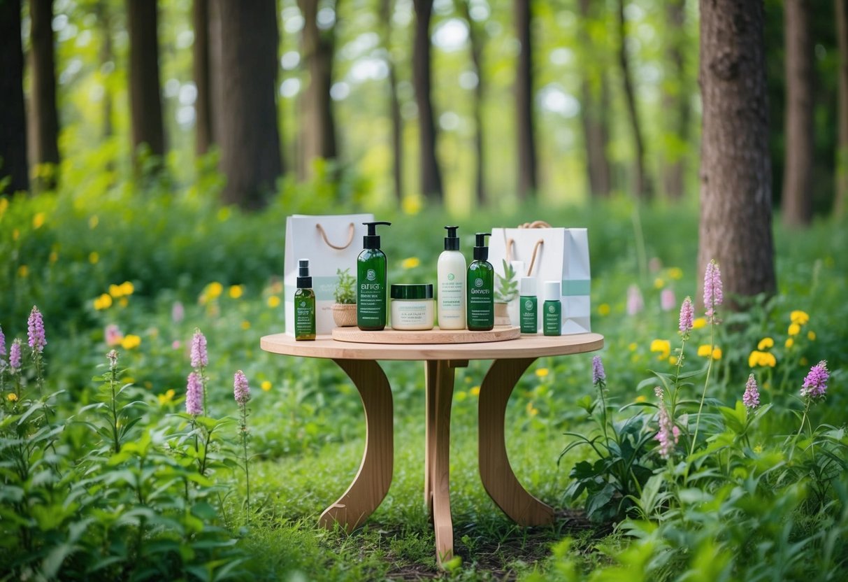 A serene forest clearing with a table adorned with eco-friendly skincare products and gift packages, surrounded by lush greenery and blooming wildflowers