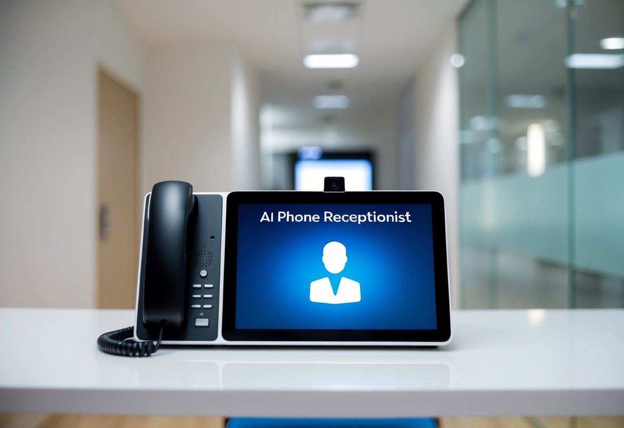 An AI phone receptionist with a sleek, modern design sits on a desk, with a digital display and microphone. It is surrounded by a clean and minimalist office space