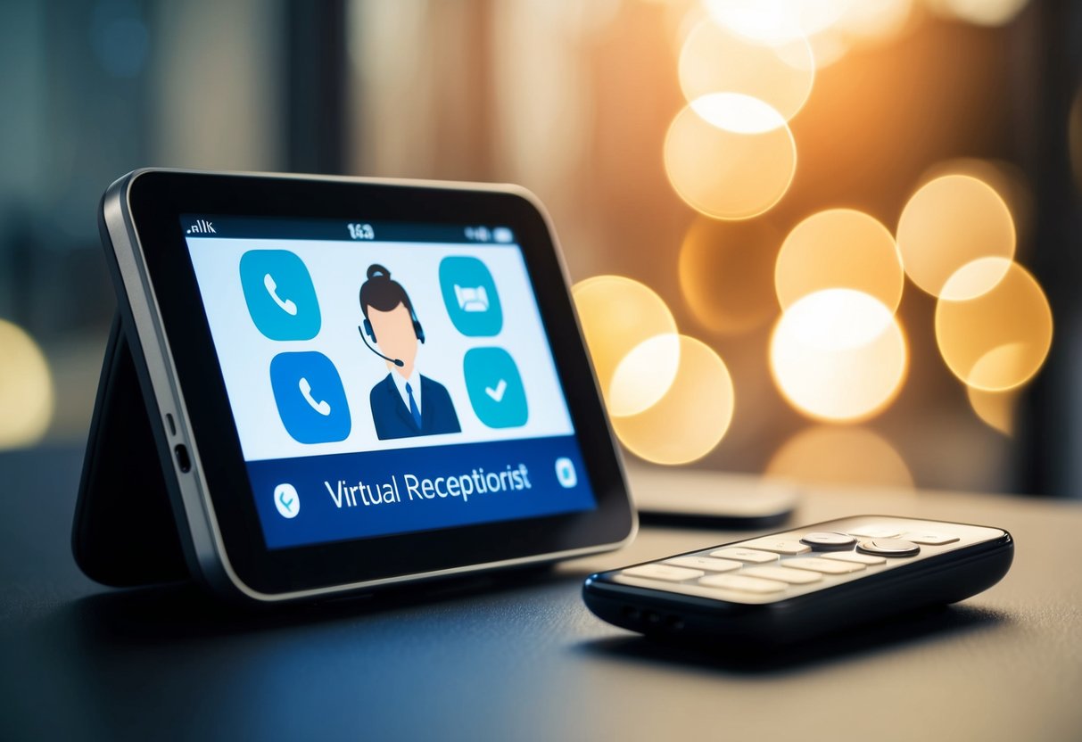 A phone on a desk with a virtual receptionist interface displayed on the screen, while the device lights up and vibrates with an incoming call