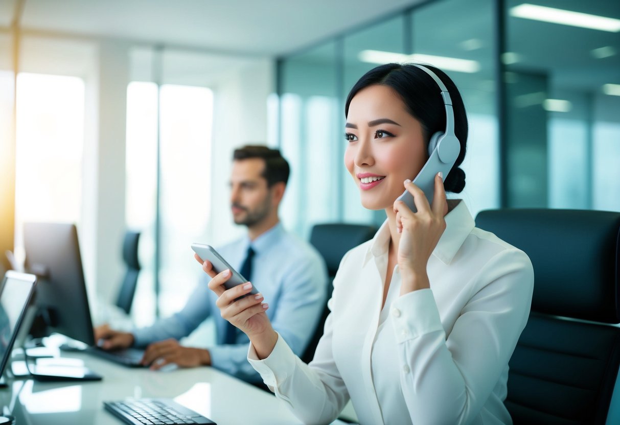 An AI phone receptionist answers questions with a calm and professional demeanor, surrounded by a sleek and modern office environment