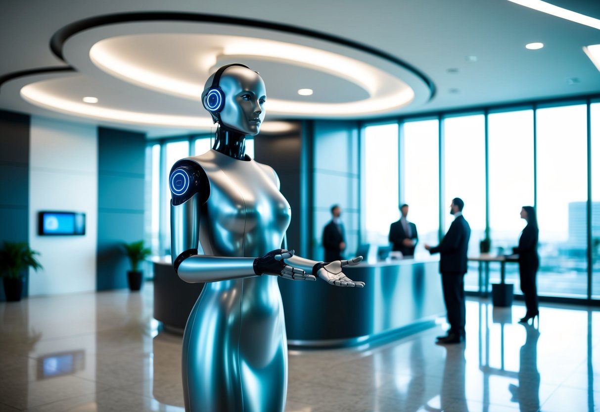 A sleek, modern office lobby with a futuristic AI receptionist greeting visitors. The AI receptionist is a sleek, metallic design with a digital display interface