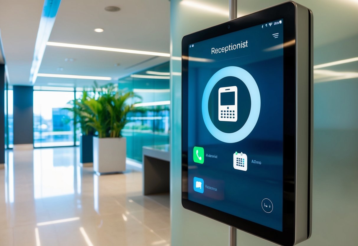 A sleek, modern office lobby with a digital receptionist display. The AI receptionist is depicted as an interactive interface with a phone and schedule icon