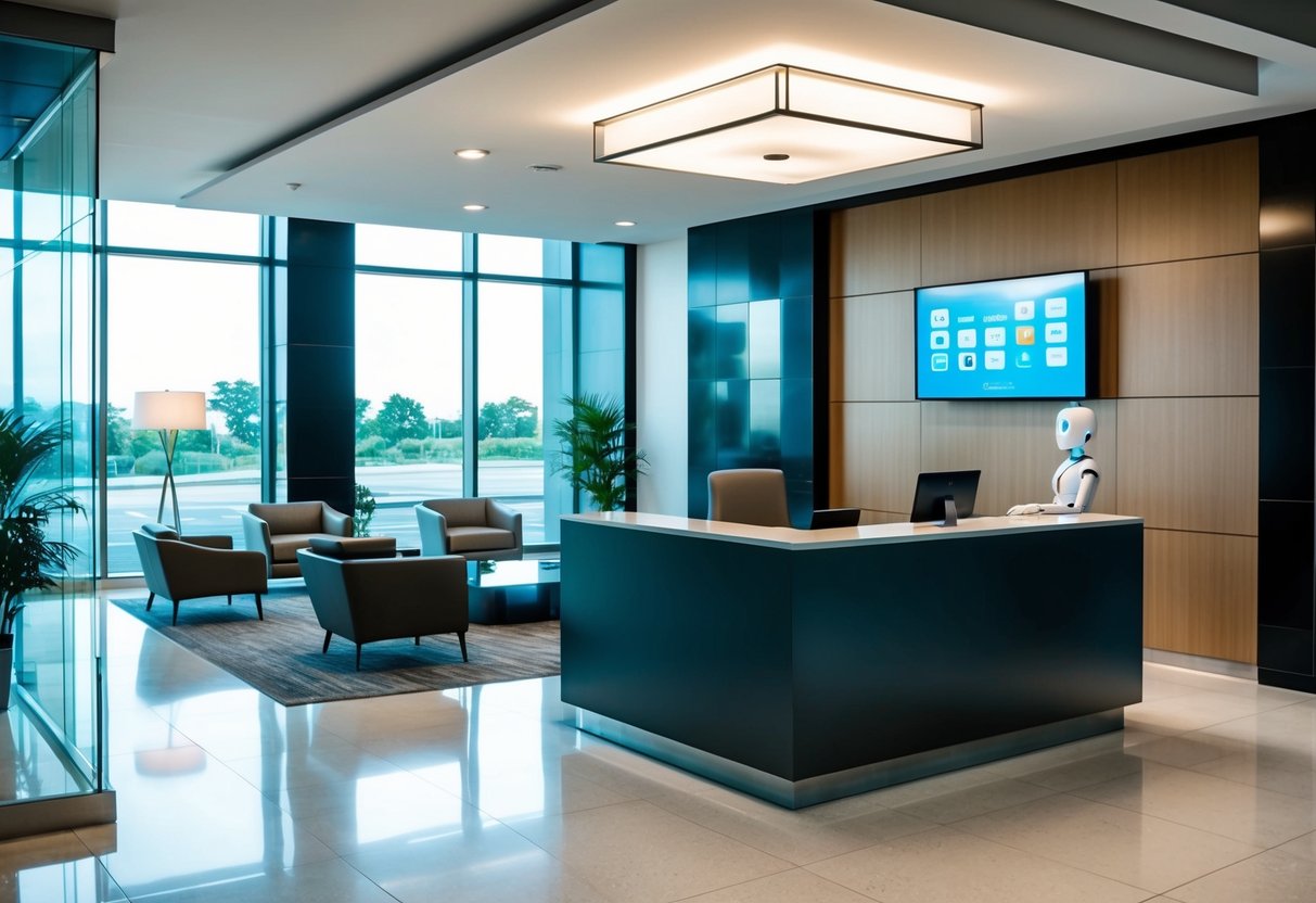 An office lobby with modern furniture and a sleek reception desk, where an AI receptionist greets visitors through a digital interface