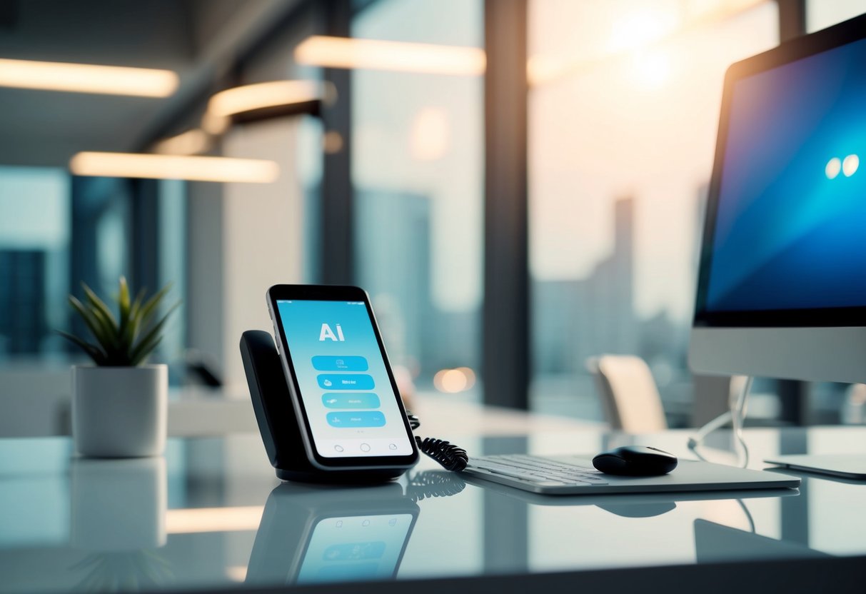 A sleek, modern AI phone receptionist sits on a clean desk, with a glowing screen and minimalistic design