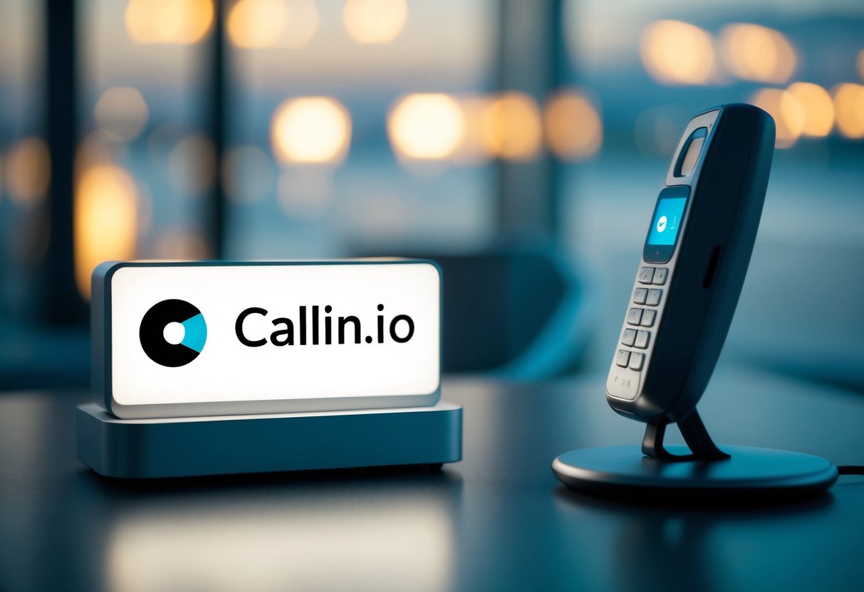 A phone ringing on a sleek desk, with a modern, AI-inspired design. A light illuminates the "Callin.io" logo, inviting viewers to try a demo AI phone receptionist