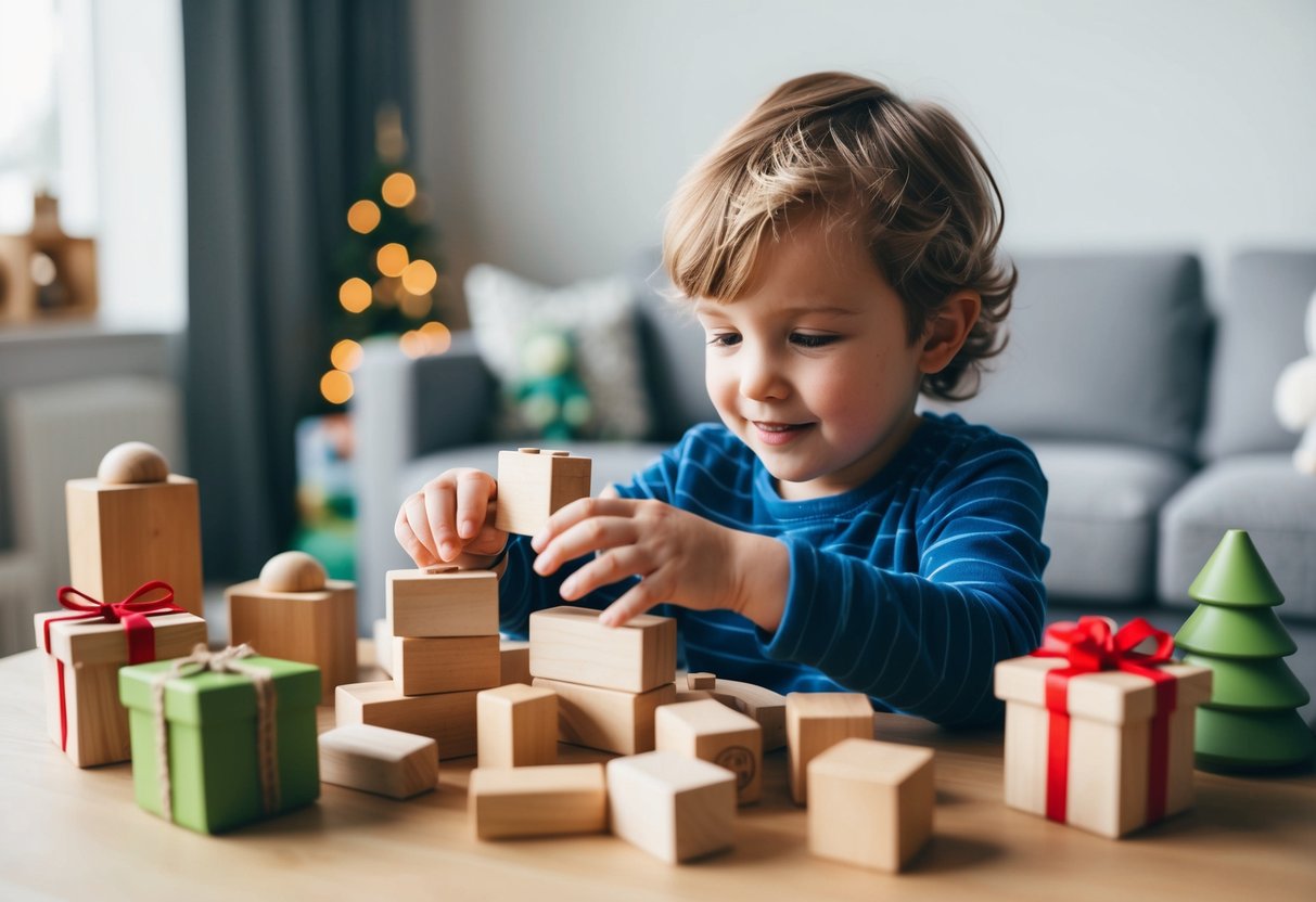 Ein Kind spielt mit Holzbausteinen, umgeben von umweltfreundlichem Spielzeug und Geschenken