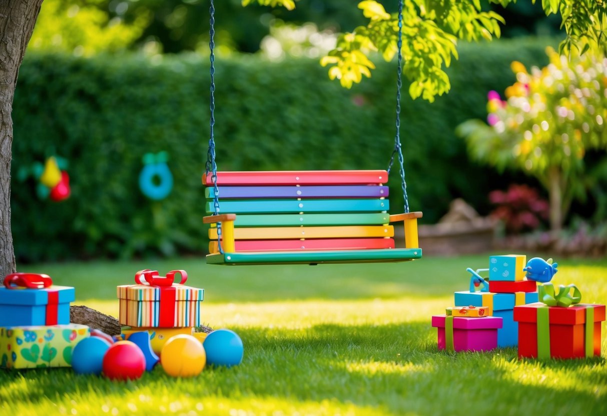 Eine farbenfrohe Schaukel, die an einem Baum in einem üppig grünen Garten hängt, umgeben von nachhaltigem Spielzeug und Geschenken für Kinder