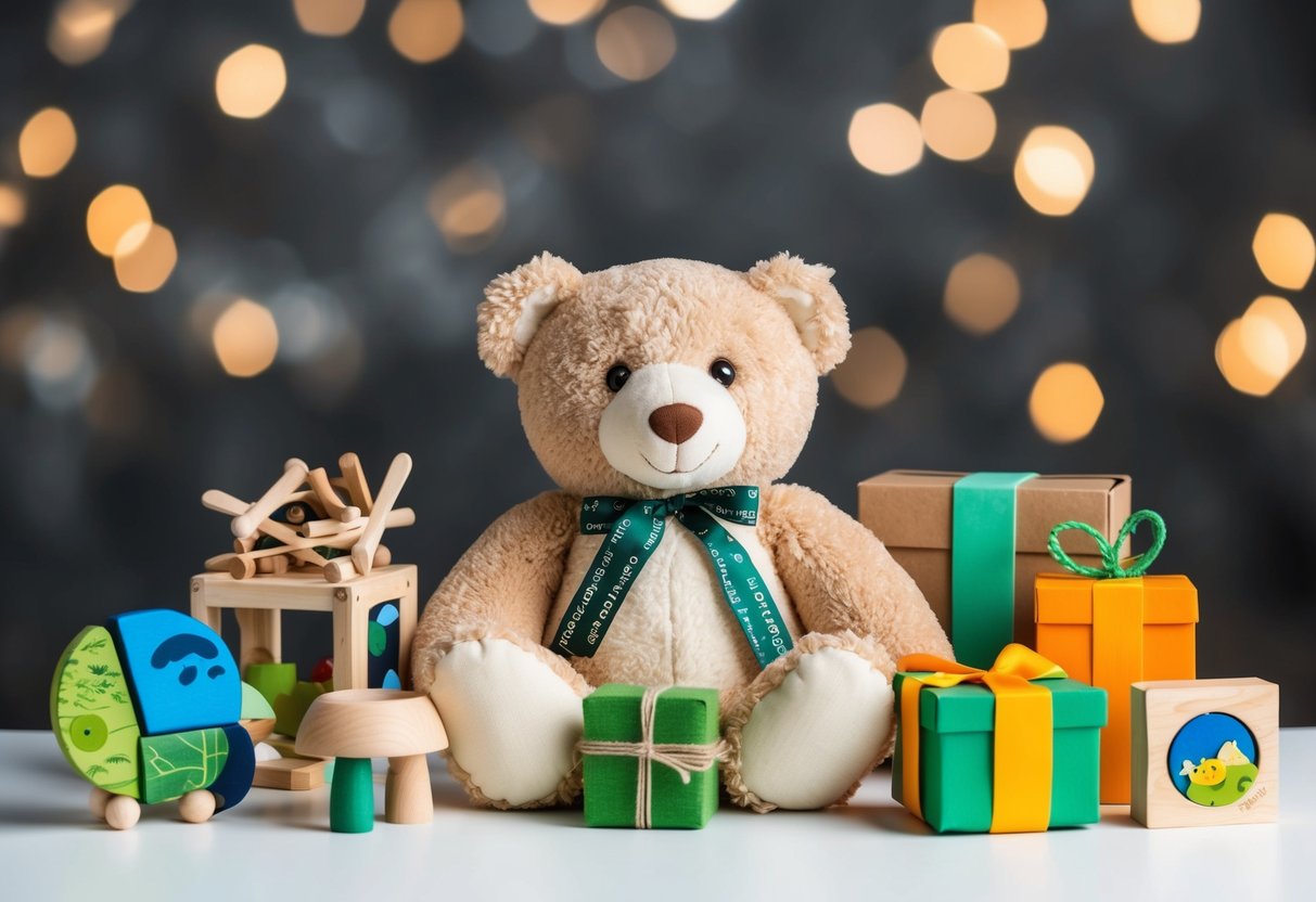 Ein Plüsch-Teddybär aus Bio-Baumwolle, umgeben von 12 nachhaltigen Geschenkartikeln für Kinder, wie Holzspielzeug, umweltfreundlichen Puzzles und Kunsthandwerk aus recycelten Materialien