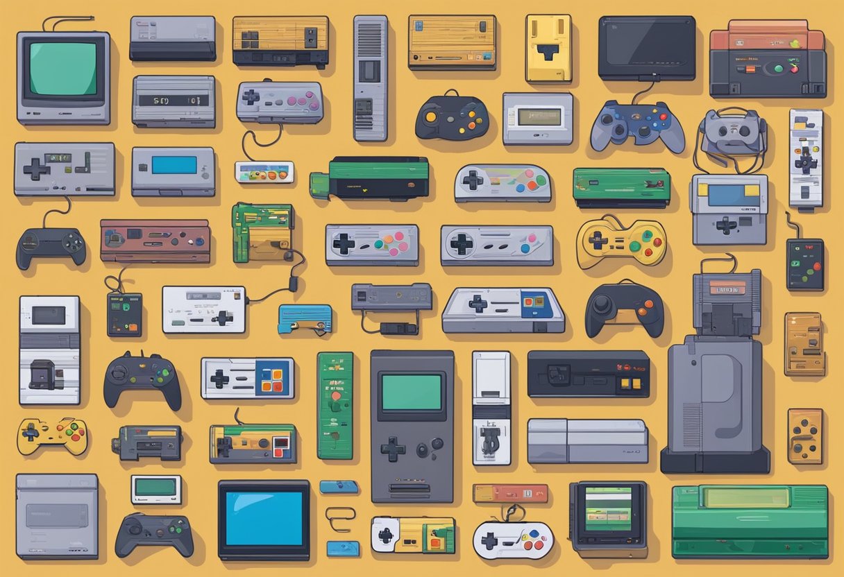 The scene features a display of the top 10 iconic retro game consoles of all time, surrounded by 15 retro games that defined the '90s. The 8 most notable retro game accessories are also included in the scene