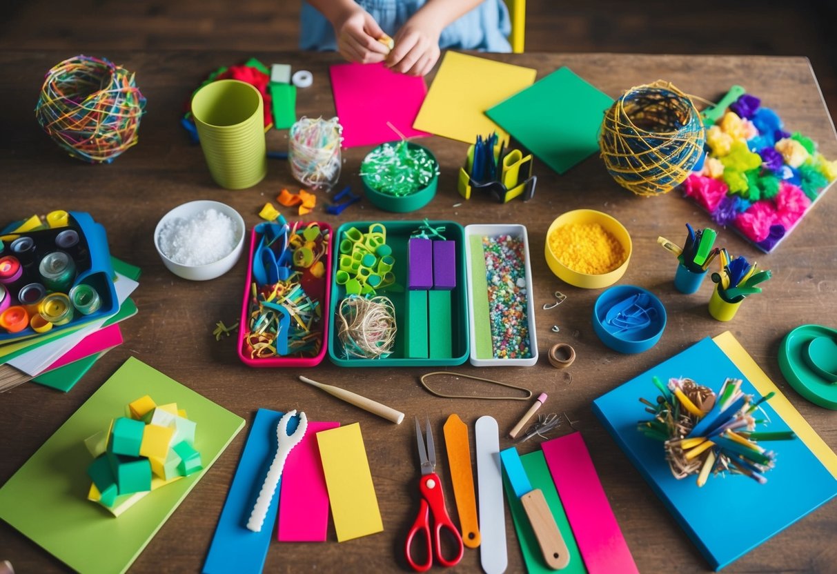 Ein Tisch mit bunten Upcycling-Materialien und Werkzeugen zum Basteln. Fertige nachhaltige Geschenkideen für Kinder rund um den Arbeitsplatz ausgestellt