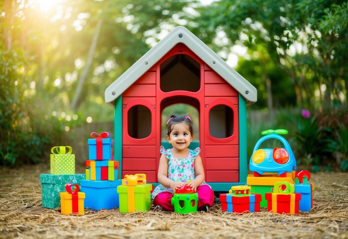 Ein nachhaltiges Spielhaus, umgeben von 12 umweltfreundlichen Spielzeugen und Geschenken für Kinder