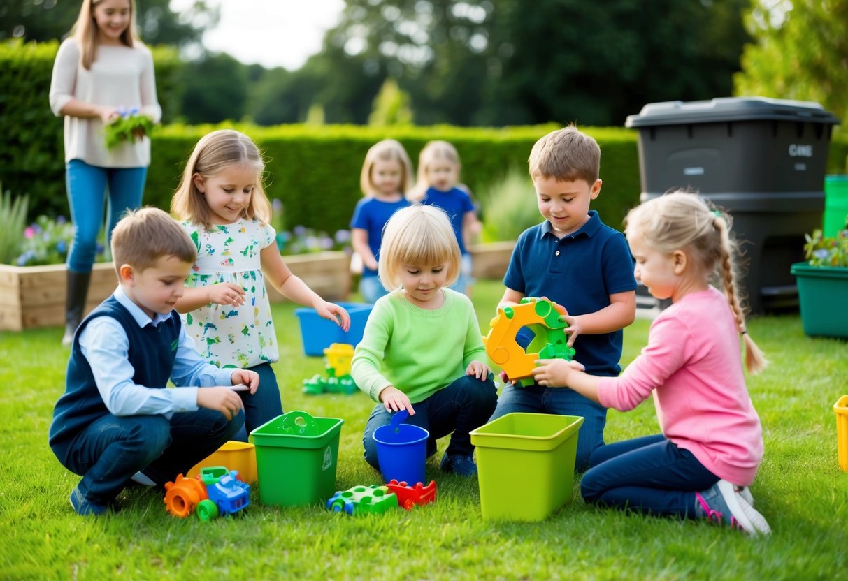 Eine Gruppe von Kindern spielt mit umweltfreundlichem Spielzeug und lernt etwas über Recycling und Umweltschutz. Ein Garten mit nachhaltigen Pflanzgefäßen und einem Kompostbehälter im Hintergrund