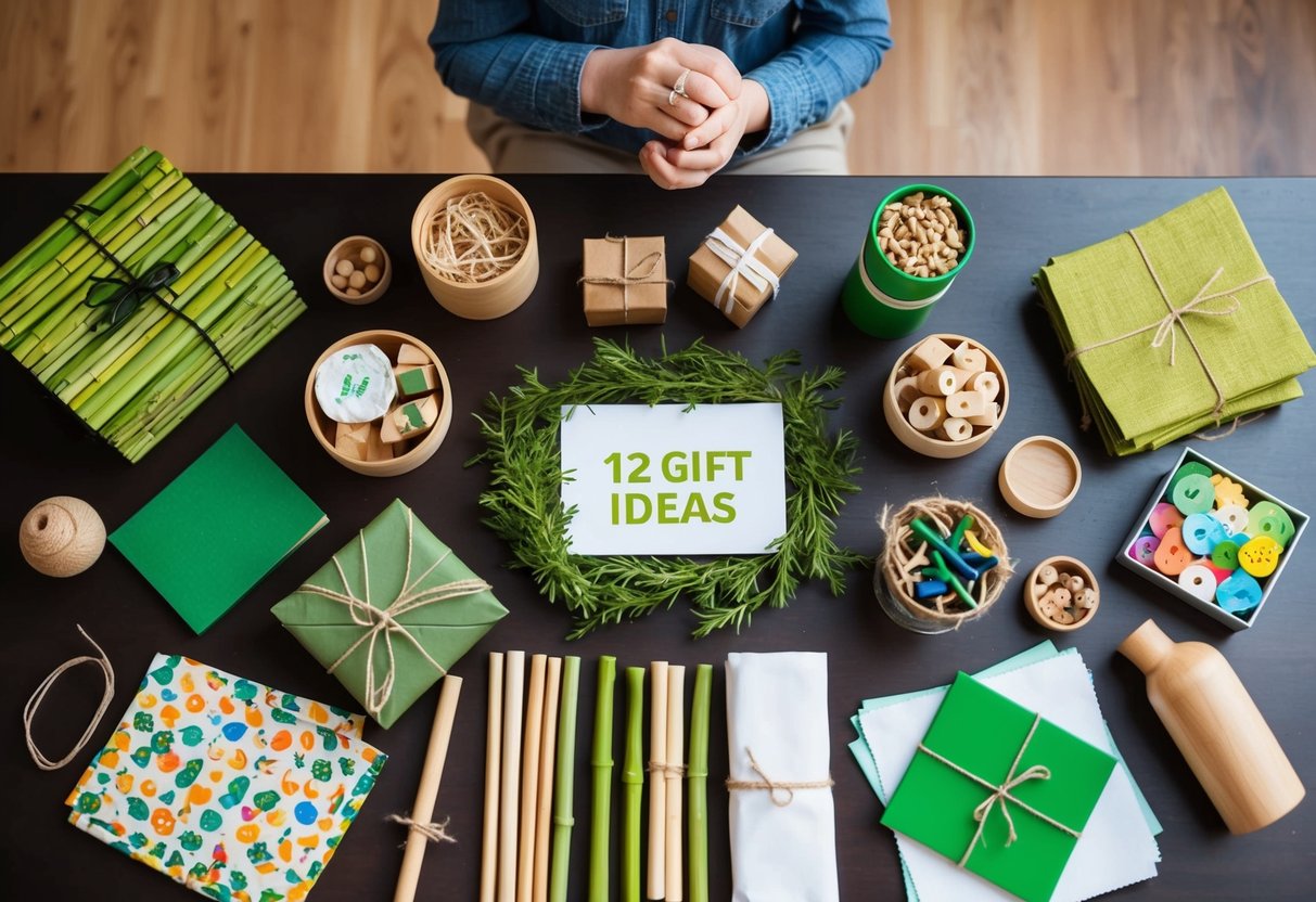 Ein Tisch mit verschiedenen nachhaltigen Materialien wie Bambus, Recyclingpapier und Bio-Baumwolle. Rund um den Tisch liegen 12 Geschenkideen für Kinder, darunter Holzspielzeug und umweltfreundlicher Malbedarf