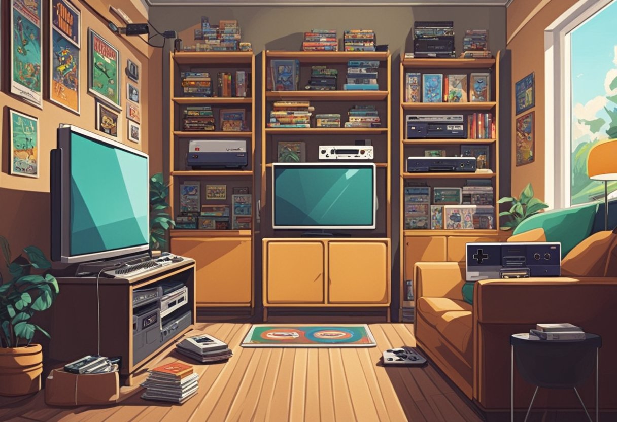 A cluttered room with shelves lined with vintage game consoles and game cartridges. Posters of iconic retro game titles adorn the walls, creating a nostalgic atmosphere