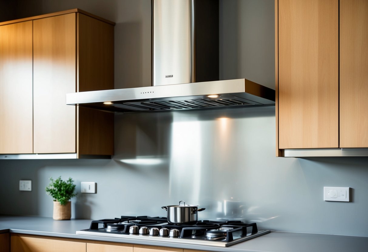 A kitchen with a modern Dunstabzugshauben above a cooking stove. The hood is sleek and stainless steel, with visible ventilation