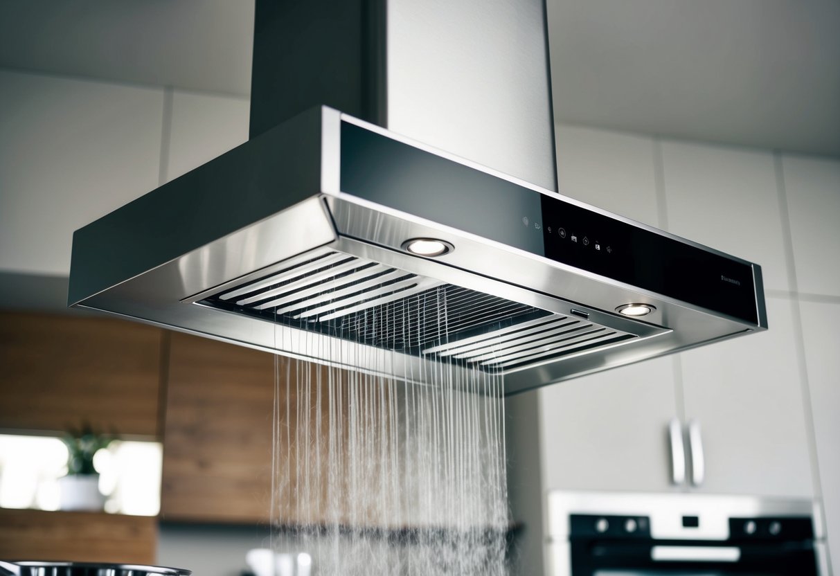 A modern kitchen with a sleek, stainless steel range hood mounted above a stovetop. Steam and cooking odors are being drawn up and expelled through the hood's vent