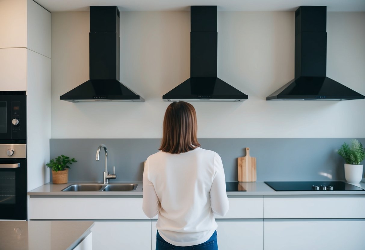 A person standing in a kitchen, looking at different models of range hoods and assessing their ease of use and functionality