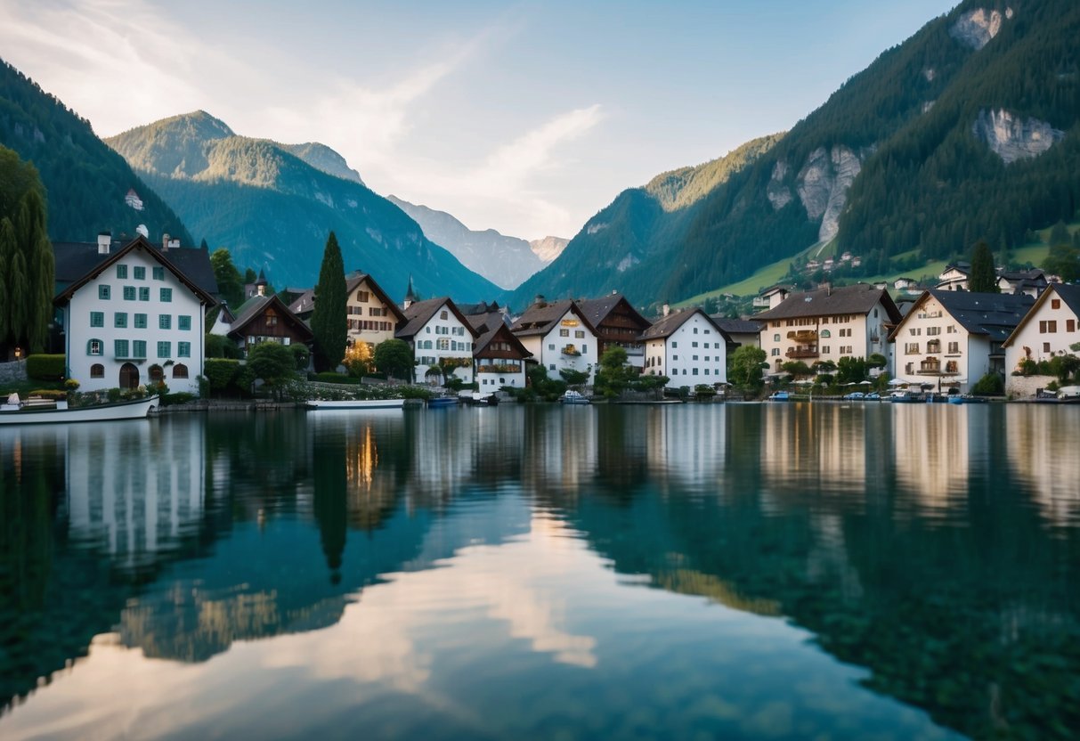 Ein malerisches Seedorf in Hallstatt, Österreich. Urige Häuser vor einer Bergkulisse mit einem ruhigen See, der die umliegende Naturschönheit widerspiegelt