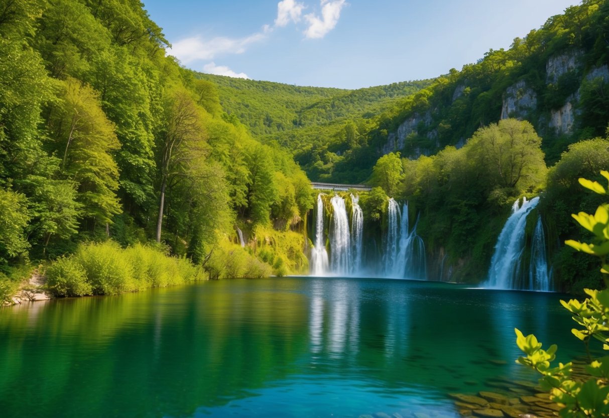 Ein ruhiger See, umgeben von üppigem Grün und tosenden Wasserfällen in Plitvice, Kroatien