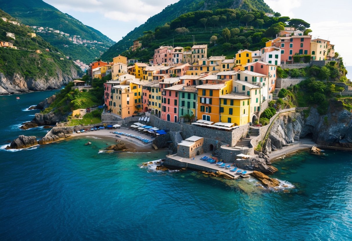 Ein malerisches Küstendorf in Cinque Terre, Italien. Bunte Gebäude auf Klippen mit Blick auf das türkisfarbene Meer. Felsige Küste und üppiges Grün