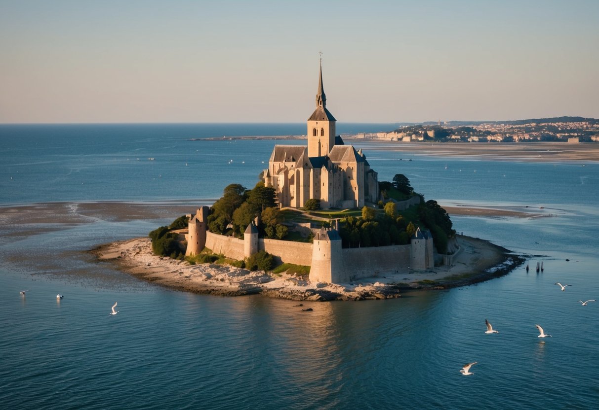 Mont-Saint-Michel, Frankreich. Ikonische Abtei auf einer felsigen Insel. Umgebende Bucht mit Wattflächen. Mittelalterliche Architektur. Touristen und Möwen