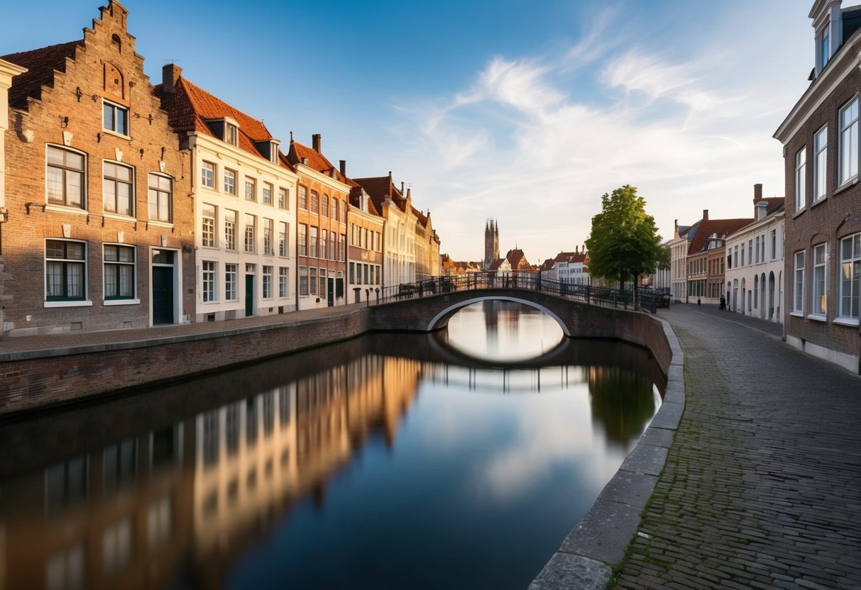 Ein friedlicher Kanal in Brügge, Belgien, mit charmanten alten Gebäuden am Ufer und einer malerischen Brücke in der Ferne