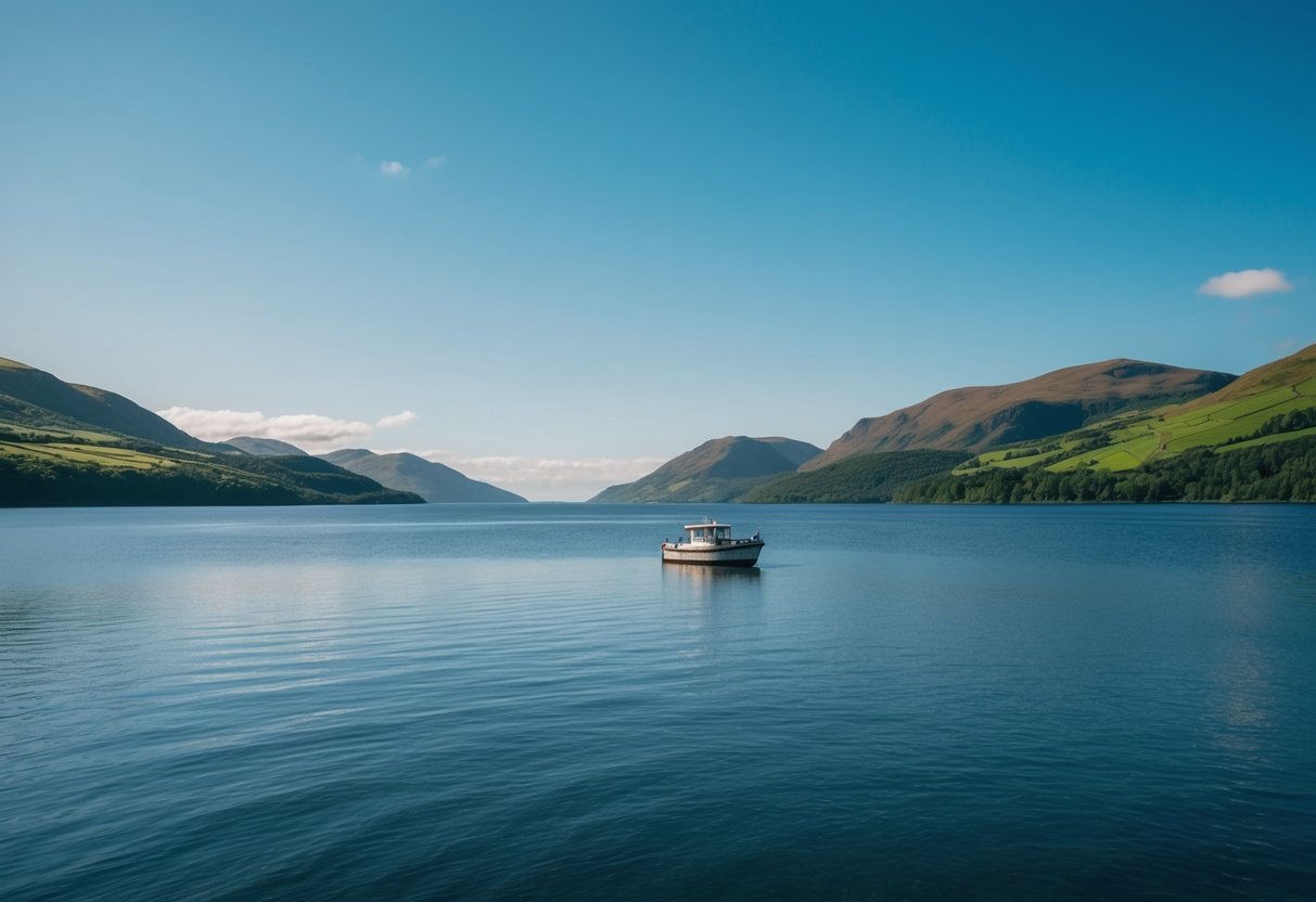 Ein ruhiger Loch Ness in Schottland, umgeben von üppigen grünen Hügeln unter einem klaren blauen Himmel, mit einem kleinen Boot, das friedlich auf dem ruhigen Wasser schwimmt