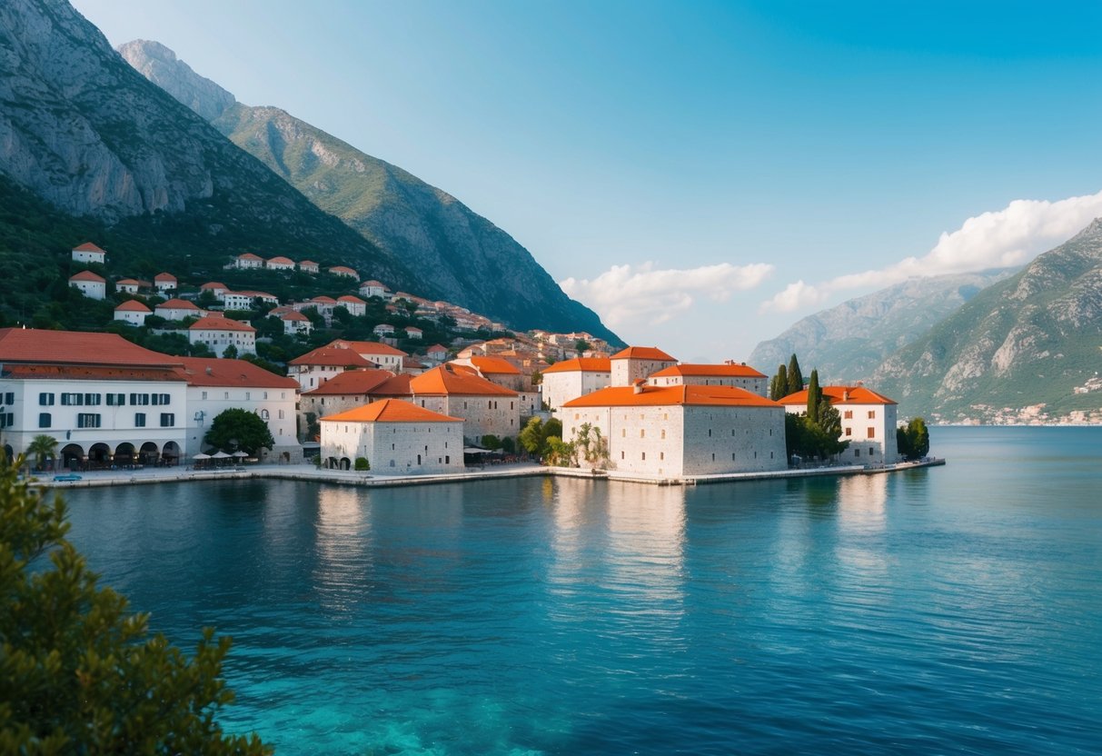 Ein malerischer Blick auf Kotor, Montenegro, mit den ikonischen Gebäuden mit roten Dächern, eingebettet zwischen den Bergen und dem ruhigen blauen Wasser der Adria