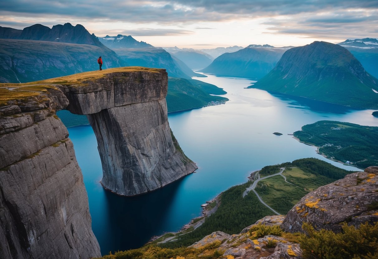 Eine malerische Aussicht auf Trolltunga, Norwegen, mit einer dramatischen Klippenkante mit Blick auf eine weite, ruhige Landschaft aus Bergen und Fjorden