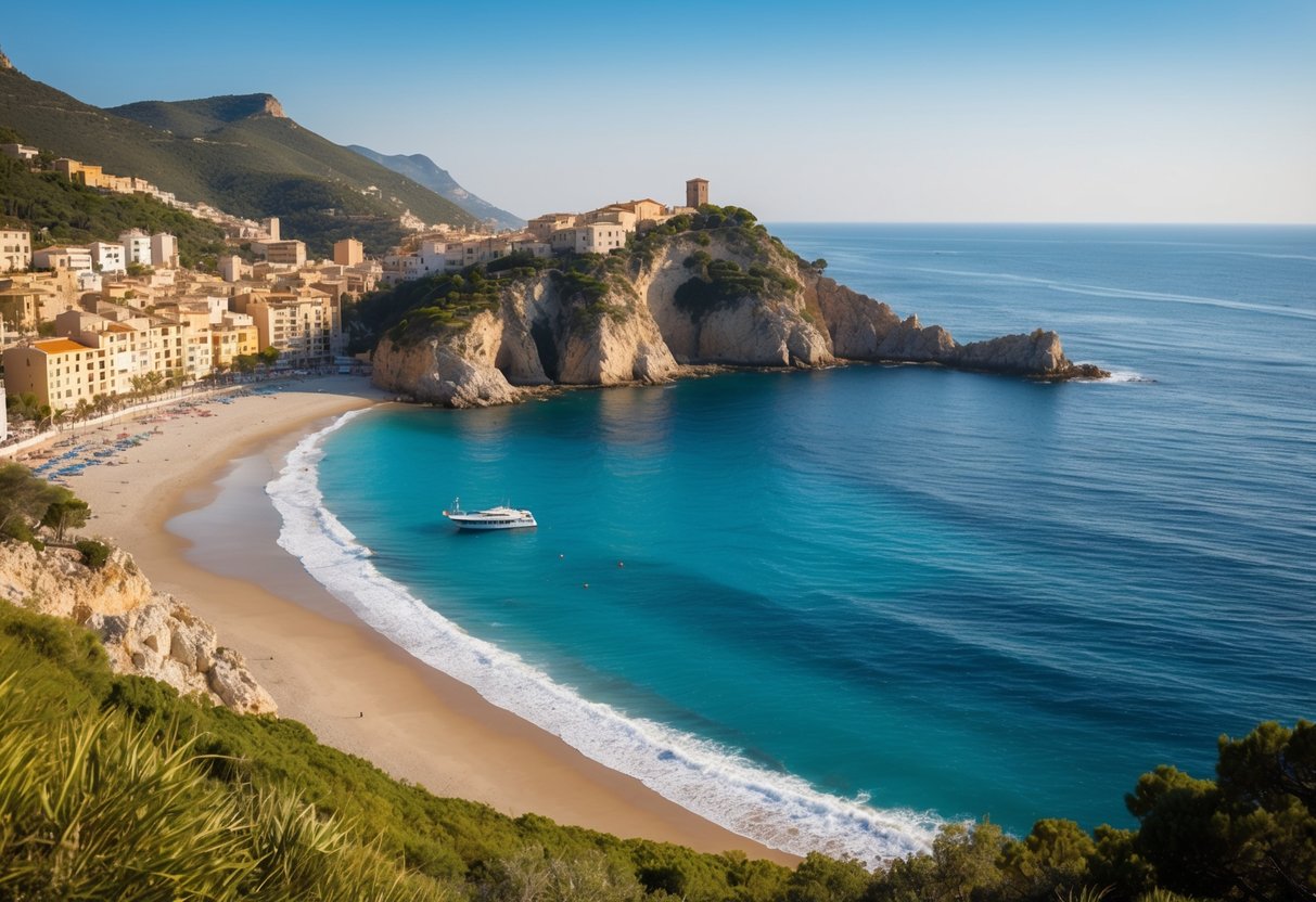 Die zerklüftete Küste der Costa Brava in Spanien mit türkisfarbenem Wasser, felsigen Klippen und Sandstränden, gespickt mit farbenfrohen Fischerdörfern und üppigem Grün