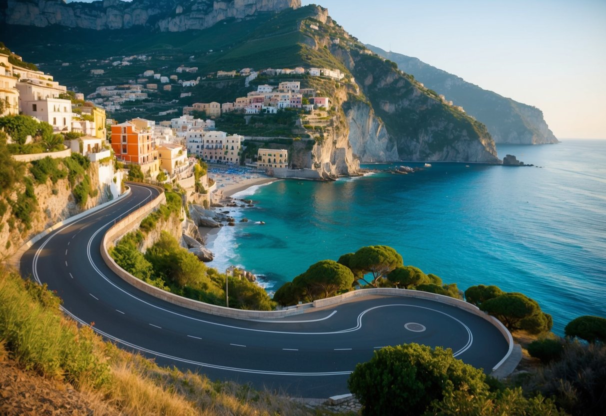 Eine kurvenreiche Küstenstraße überblickt das türkisfarbene Wasser der Amalfiküste in Italien. Klippendörfer und farbenfrohe Häuser prägen die Landschaft, mit üppigem Grün und schroffen Klippen im Hintergrund