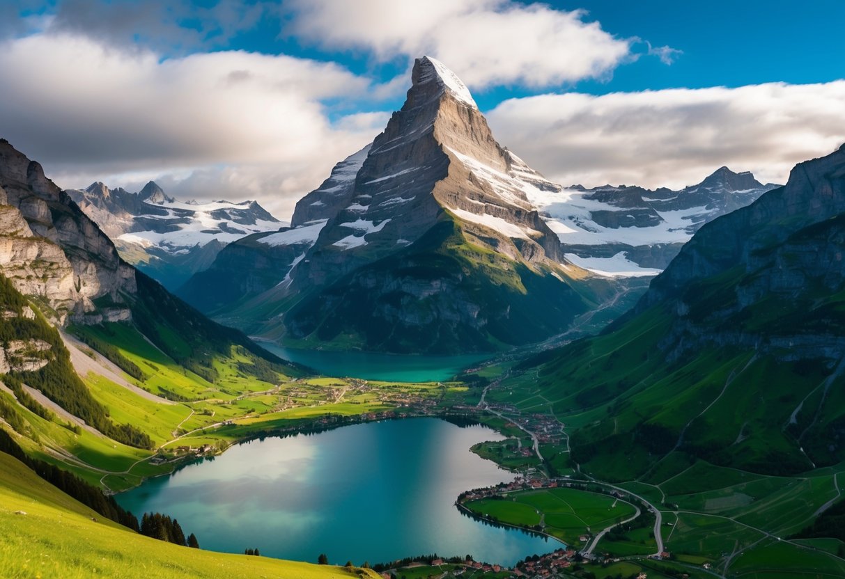 Ein majestätischer Matterhorn-Gipfel erhebt sich über üppig grünen Tälern und glitzernden Alpenseen in der Schweiz