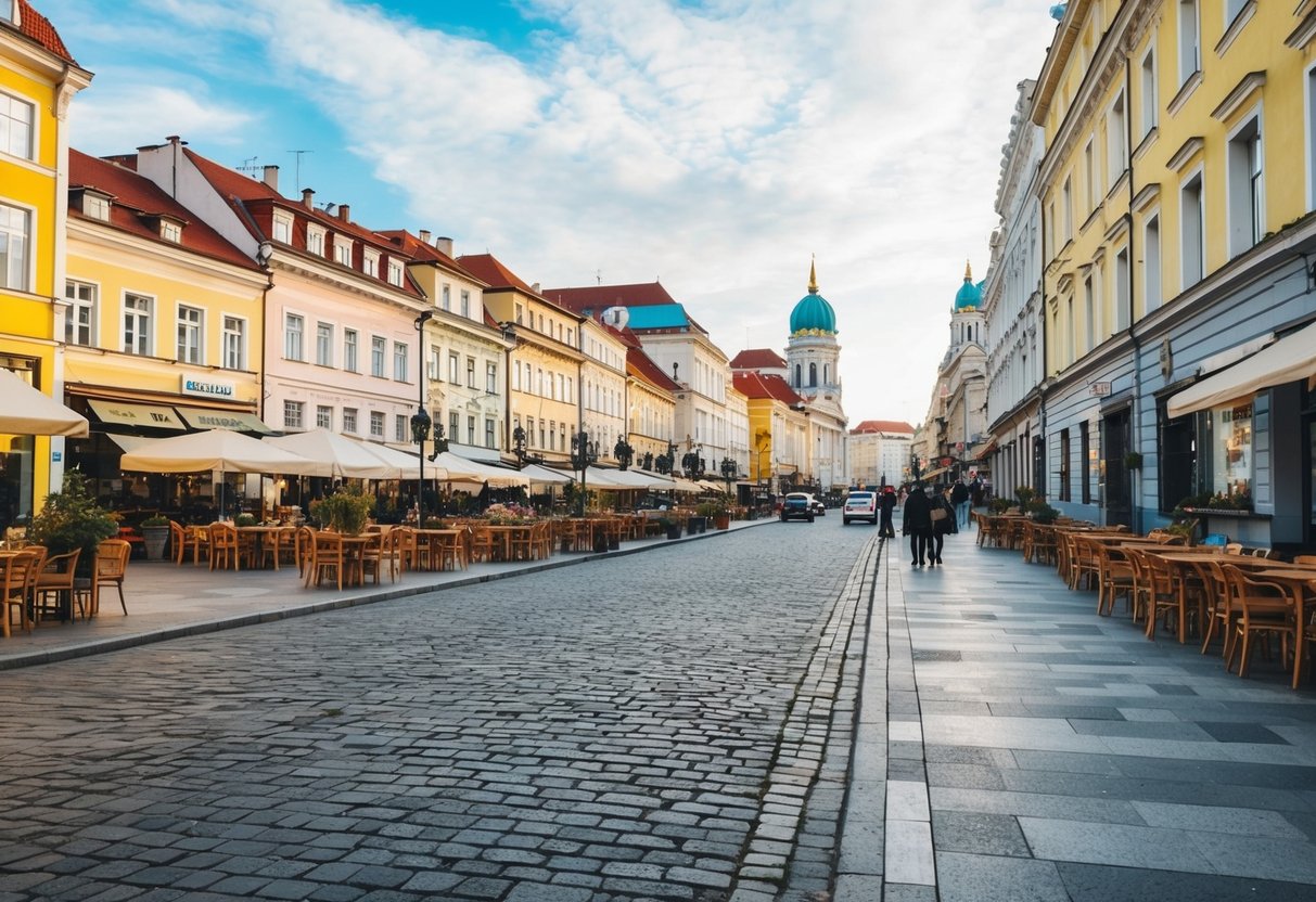 Eine belebte Straße in Budapest, Ungarn mit farbenfrohen Gebäuden und Kopfsteinpflasterstraßen. Eine Mischung aus traditioneller und moderner Architektur mit lebhaften Cafés und Geschäften entlang der Straßen