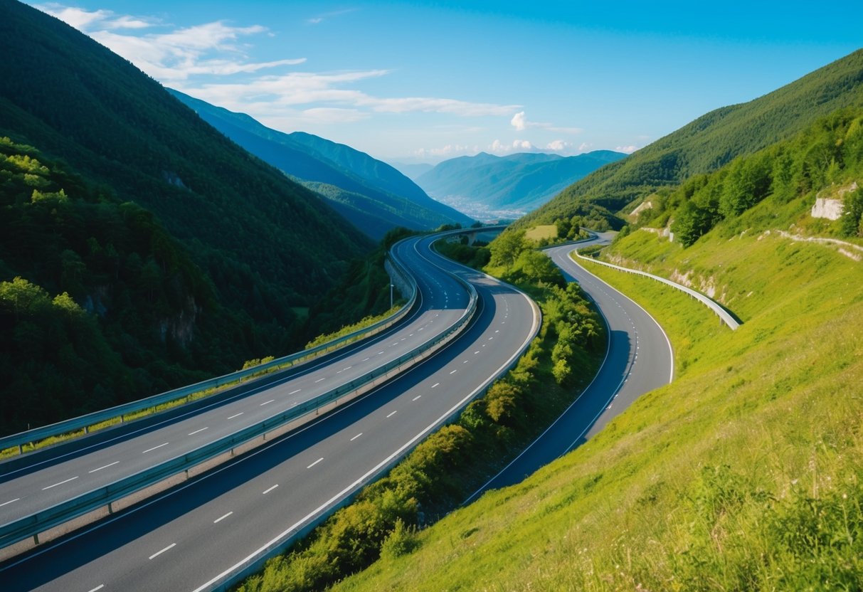 Eine kurvenreiche Straße führt durch die rumänischen Berge, umgeben von üppigem Grün und strahlend blauem Himmel. Der Transfagarasan Highway erstreckt sich in die Ferne und bietet ein malerisches Vanlife-Reiseziel in Europa