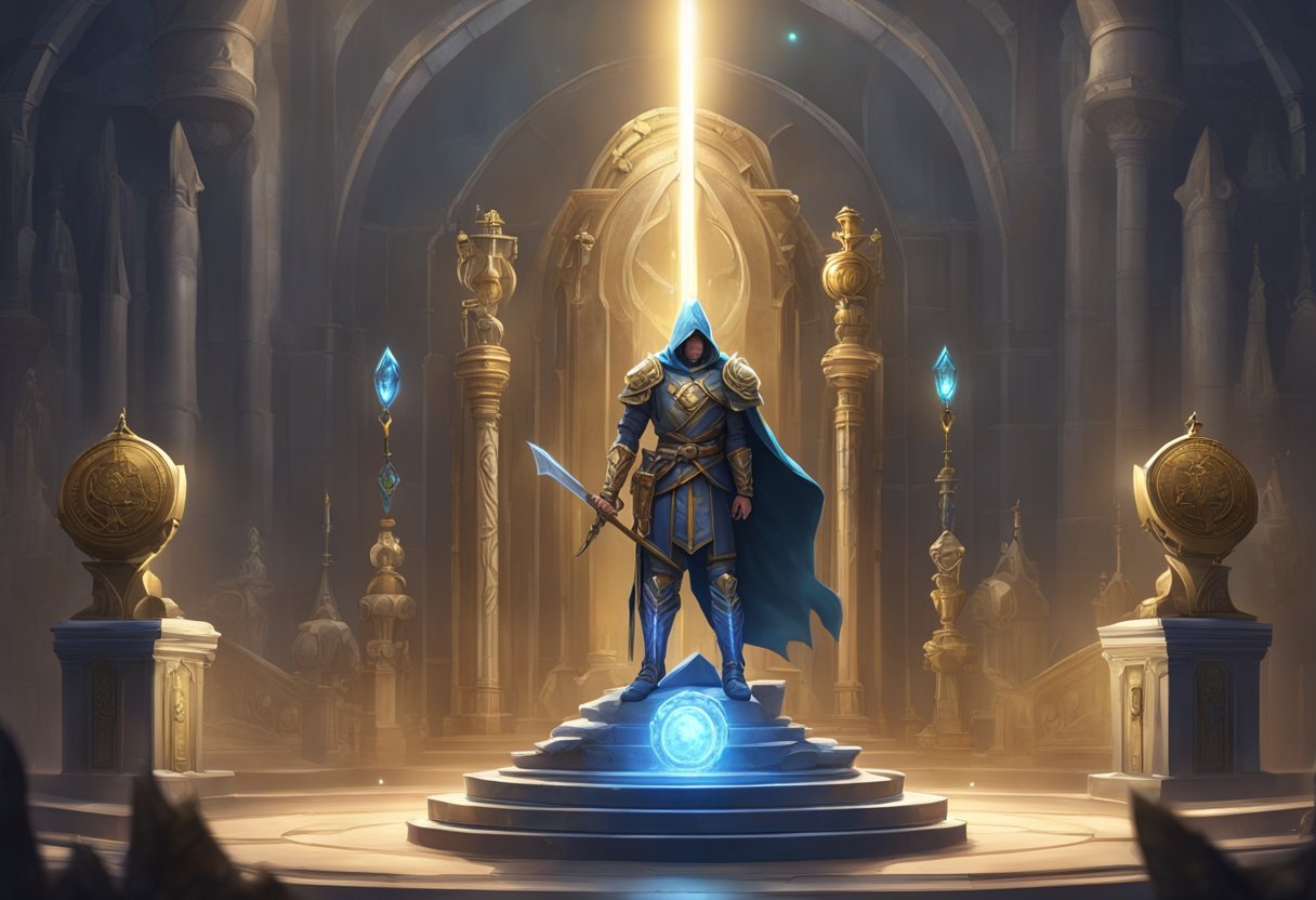 A character stands before a glowing pedestal, holding a sword and shield. Various upgrades and items surround them, including a bow, bombs, and a magical medallion