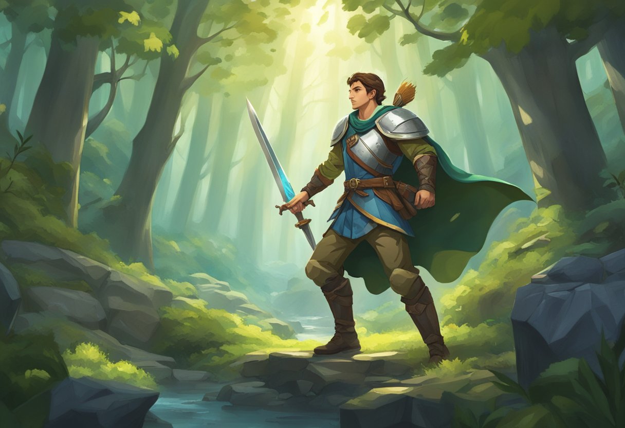 A hero wielding a sword and shield explores a mystical forest, navigating through puzzles and battling enemies to find legendary gear